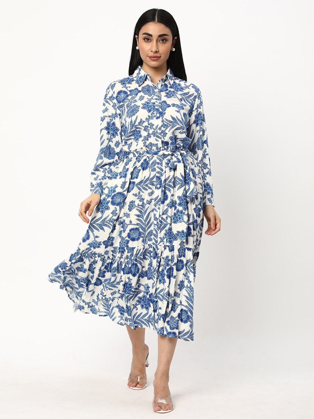 

R&B Floral Printed Shirt Collar Cuffed Sleeves Fit and Flare Tie-Ups Dress, White