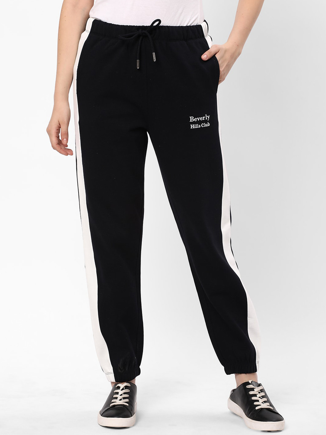 

R&B Women Striped Mid-Rise Cotton Joggers, Black
