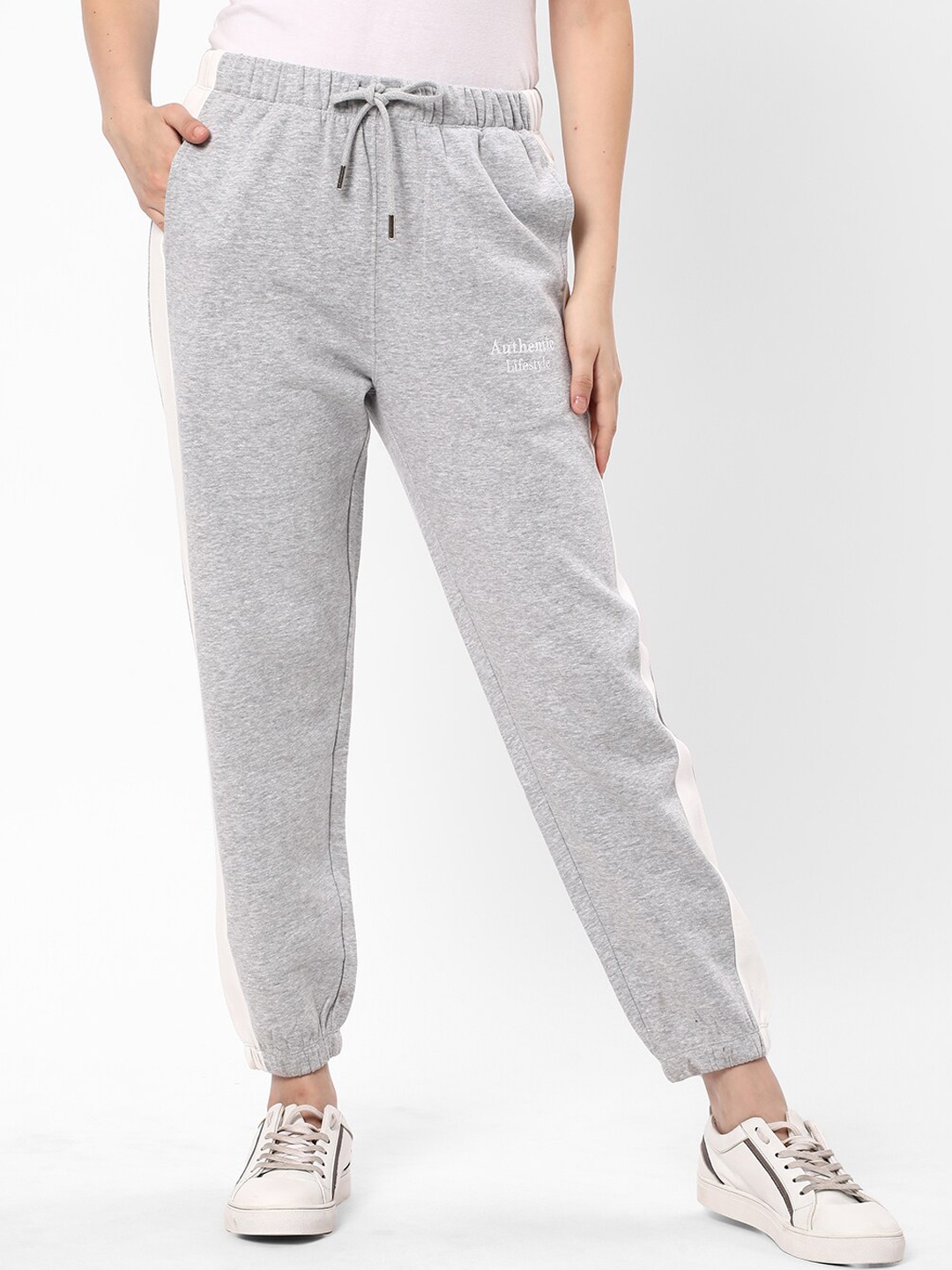 

R&B Women Striped Mid Rise Cotton Joggers, Grey melange