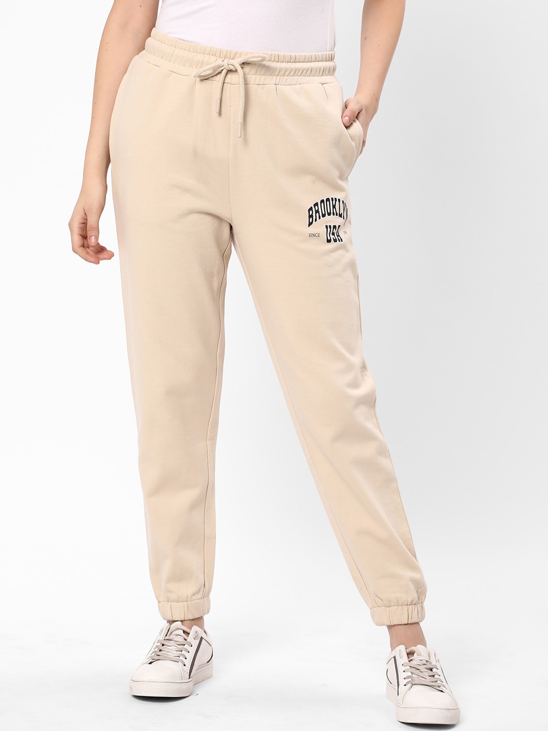 

R&B Women Mid Rise Cotton Joggers, Beige