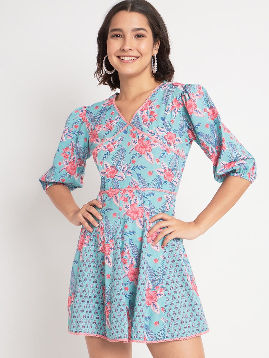 

ODETTE Floral Printed V-Neck Gathered A-Line Dress, Blue