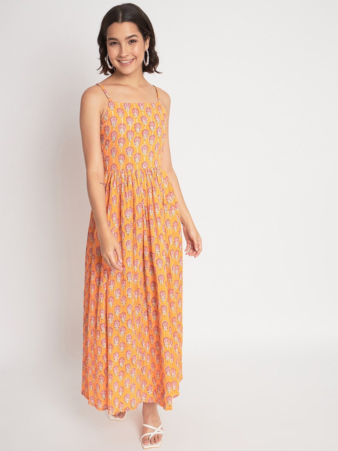 

ODETTE Floral Printed Shoulder Strap Gathered Cotton Maxi Dress, Orange