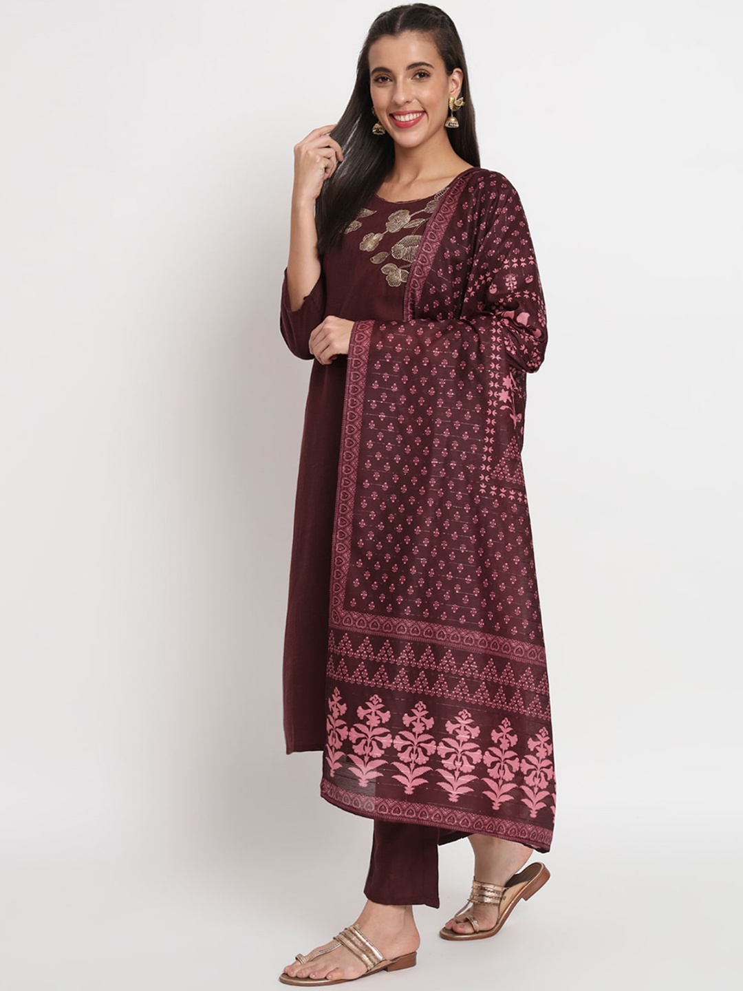 

ODETTE Floral Yoke Design Regular Kurta with Trousers & Dupatta, Brown