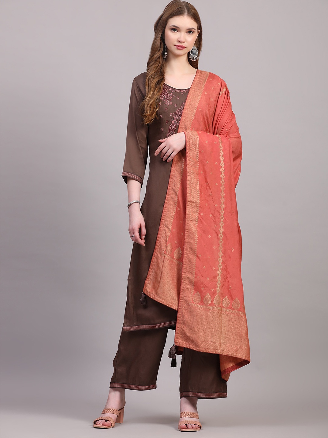 

ODETTE Paisley Embroidered Kurta with Trousers & Dupatta, Brown