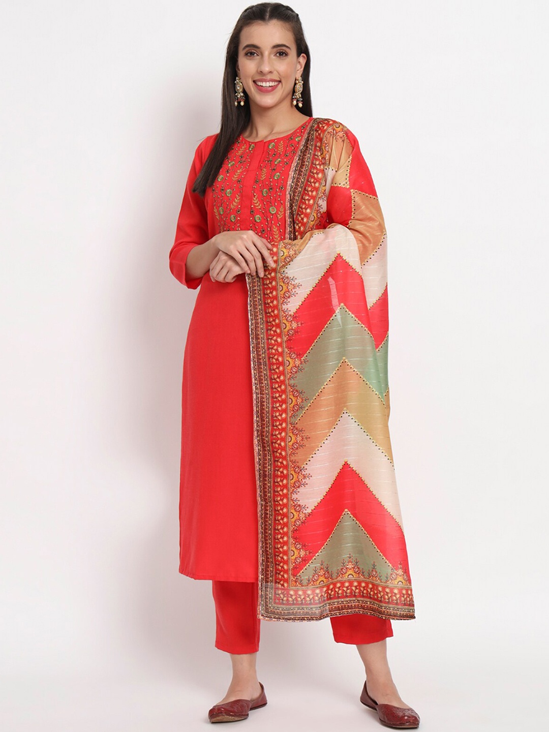 

ODETTE Floral Yoke Design Thread Work Kurta with Trousers & Dupatta, Red