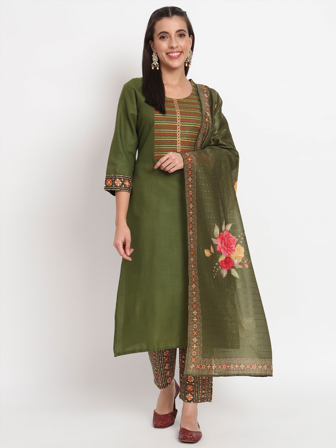 

ODETTE Floral Yoke Design Thread Work Kurta with Trousers & Dupatta, Green