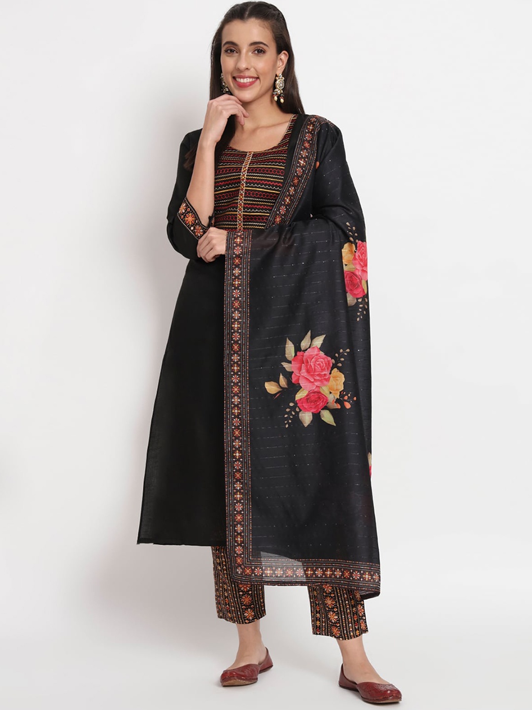 

ODETTE Yoke Design Regular Thread Work Kurta with Trousers & Dupatta, Black