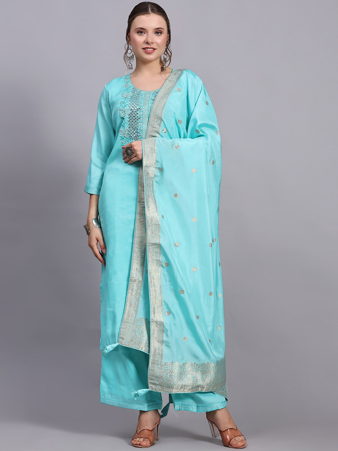 

ODETTE Floral Yoke Design Thread Work Detail Straight Kurta & Trousers With Dupatta, Turquoise blue