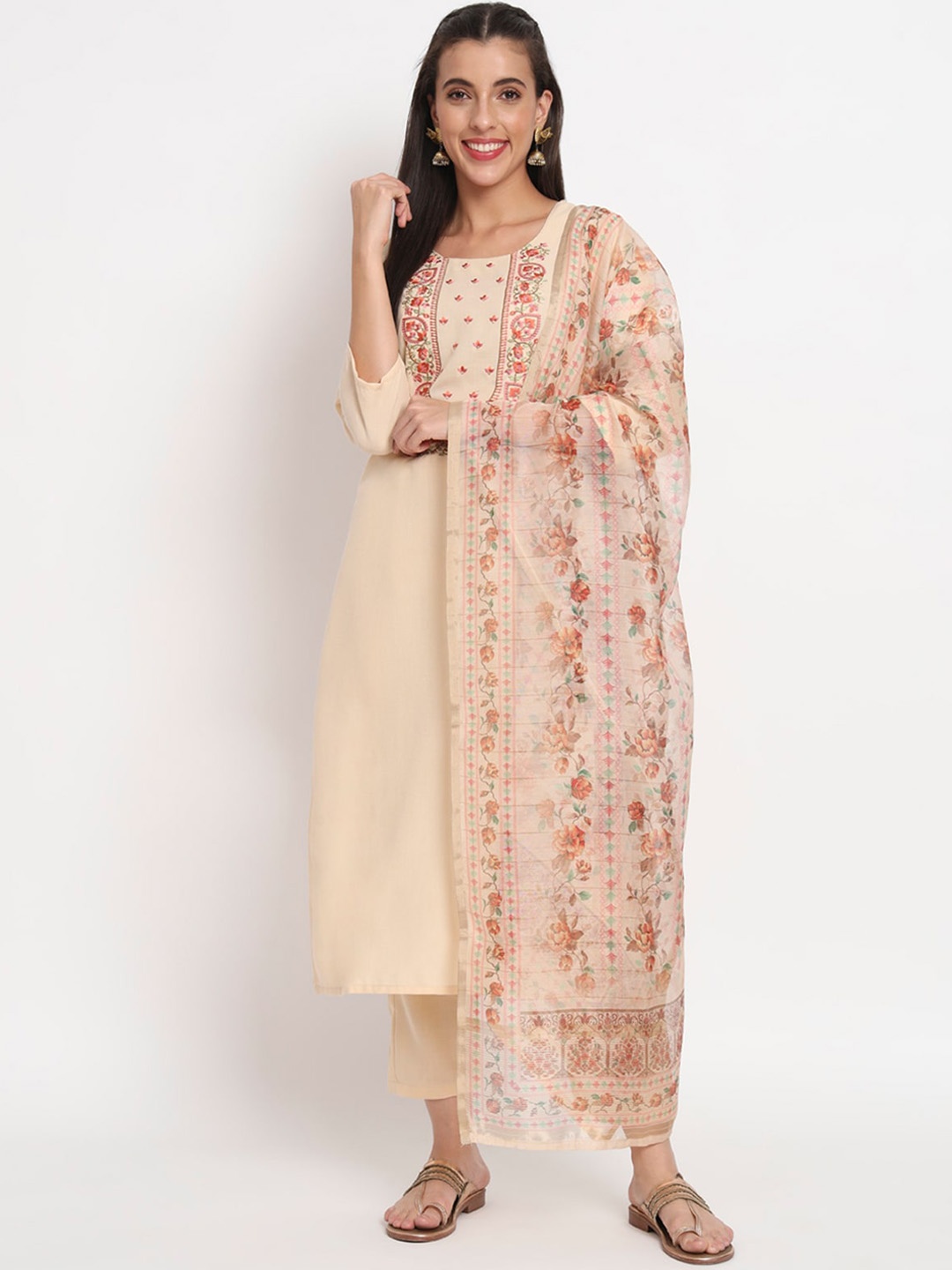 

ODETTE Floral Yoke Design Thread Work Kurta with Trousers & Dupatta, Beige