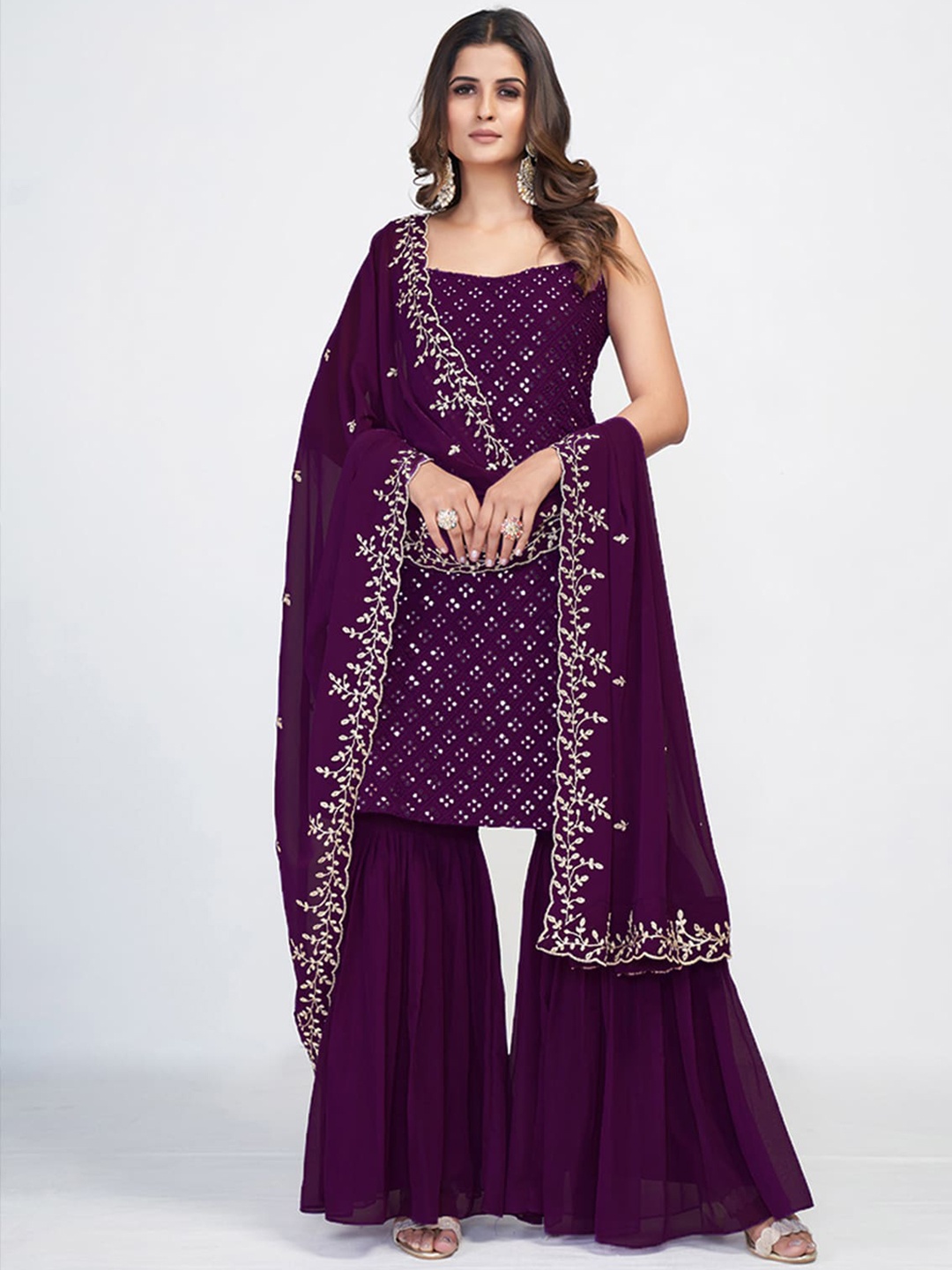 

ODETTE Ethnic Motifs Embroidered Mirror Work detail Straight Kurta & Sharara With Dupatta, Violet