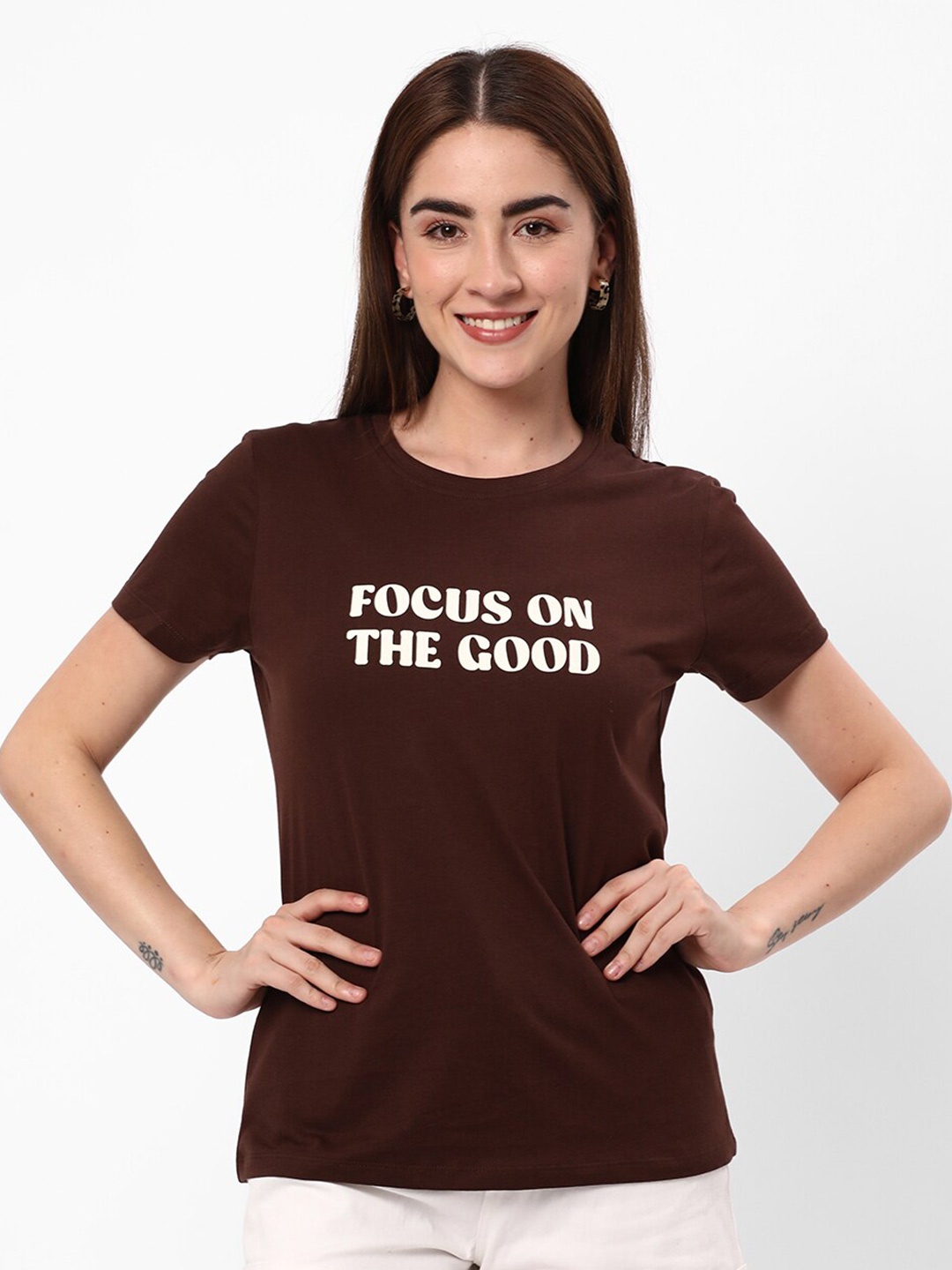 R&B Typography Printed Cotton T-shirt, Brown