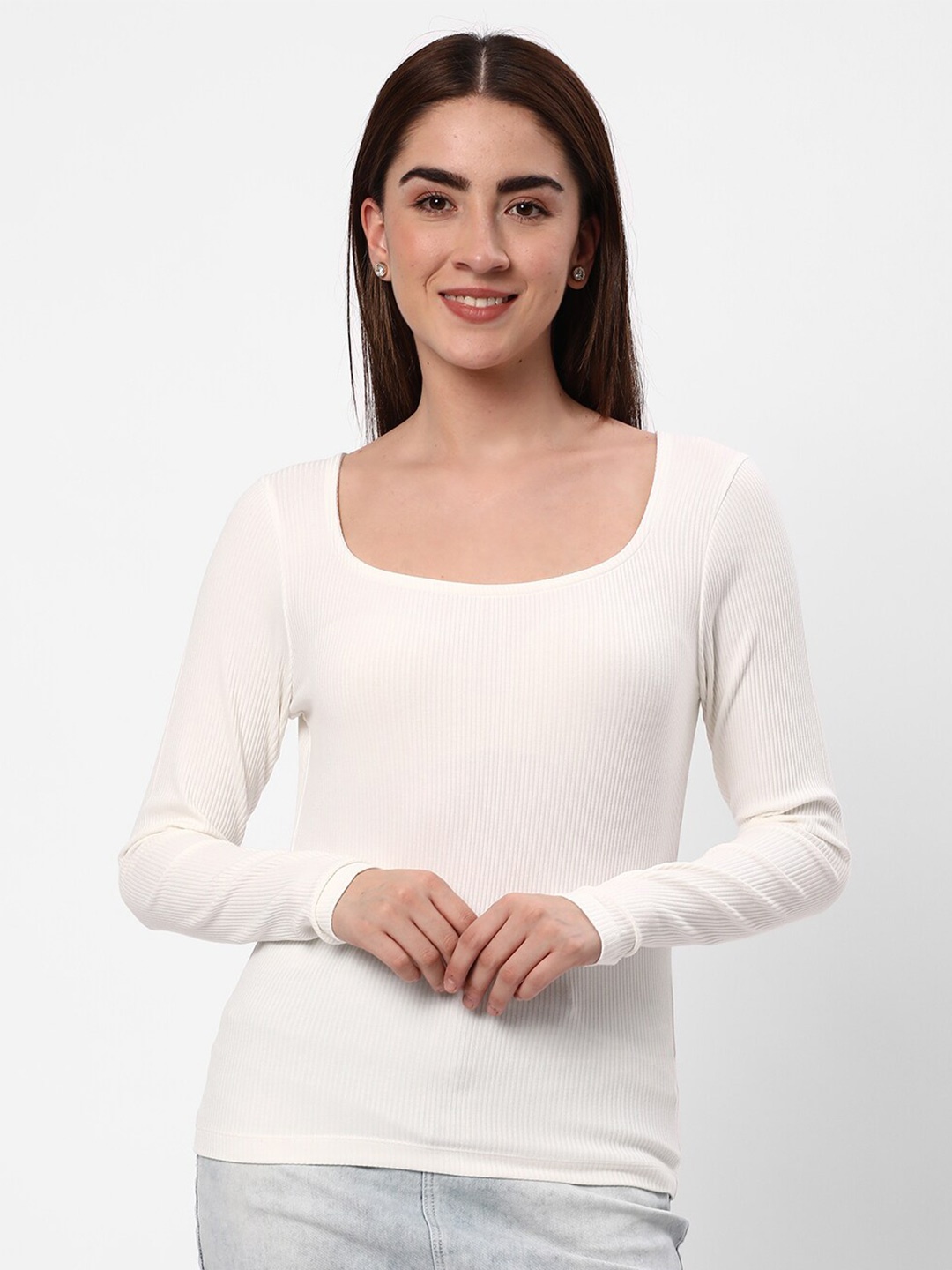 

R&B Ribbed Square Neck Top, White