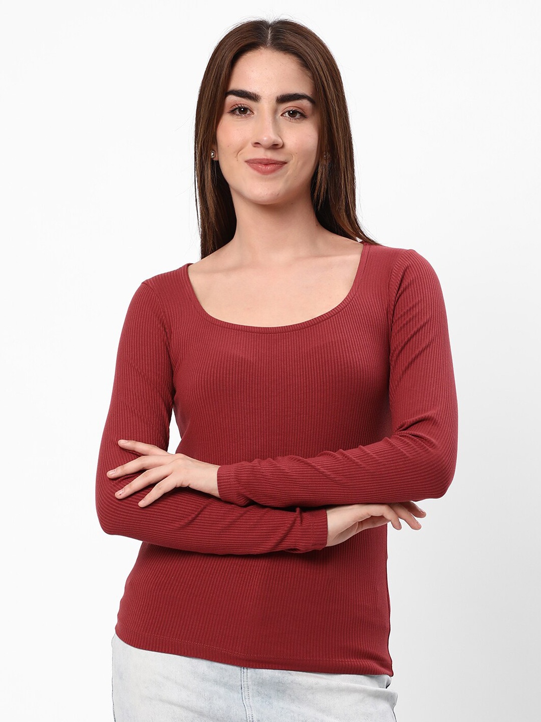 

R&B Compression Fit Ribbed Scoop Neck Long Sleeves T-shirt, Burgundy