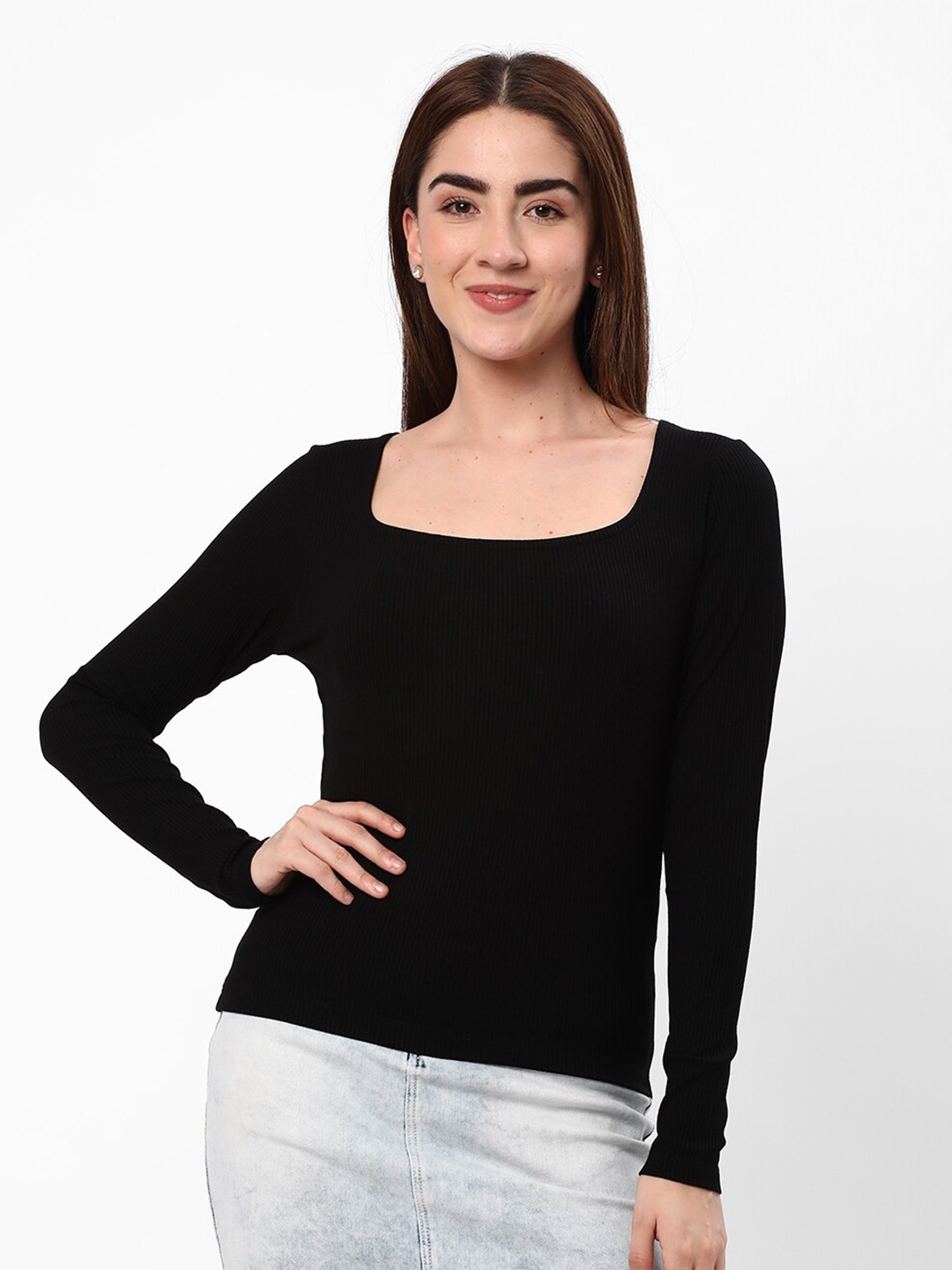 

R&B Compression Fit Ribbed Scoop Neck Long Sleeves T-shirt, Black