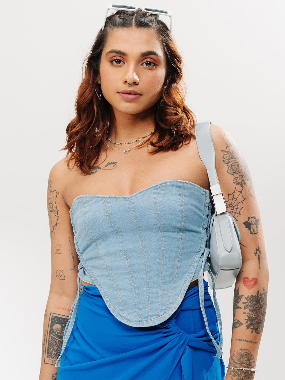 

FREAKINS Lace-Up Denim Tube Crop Top, Blue