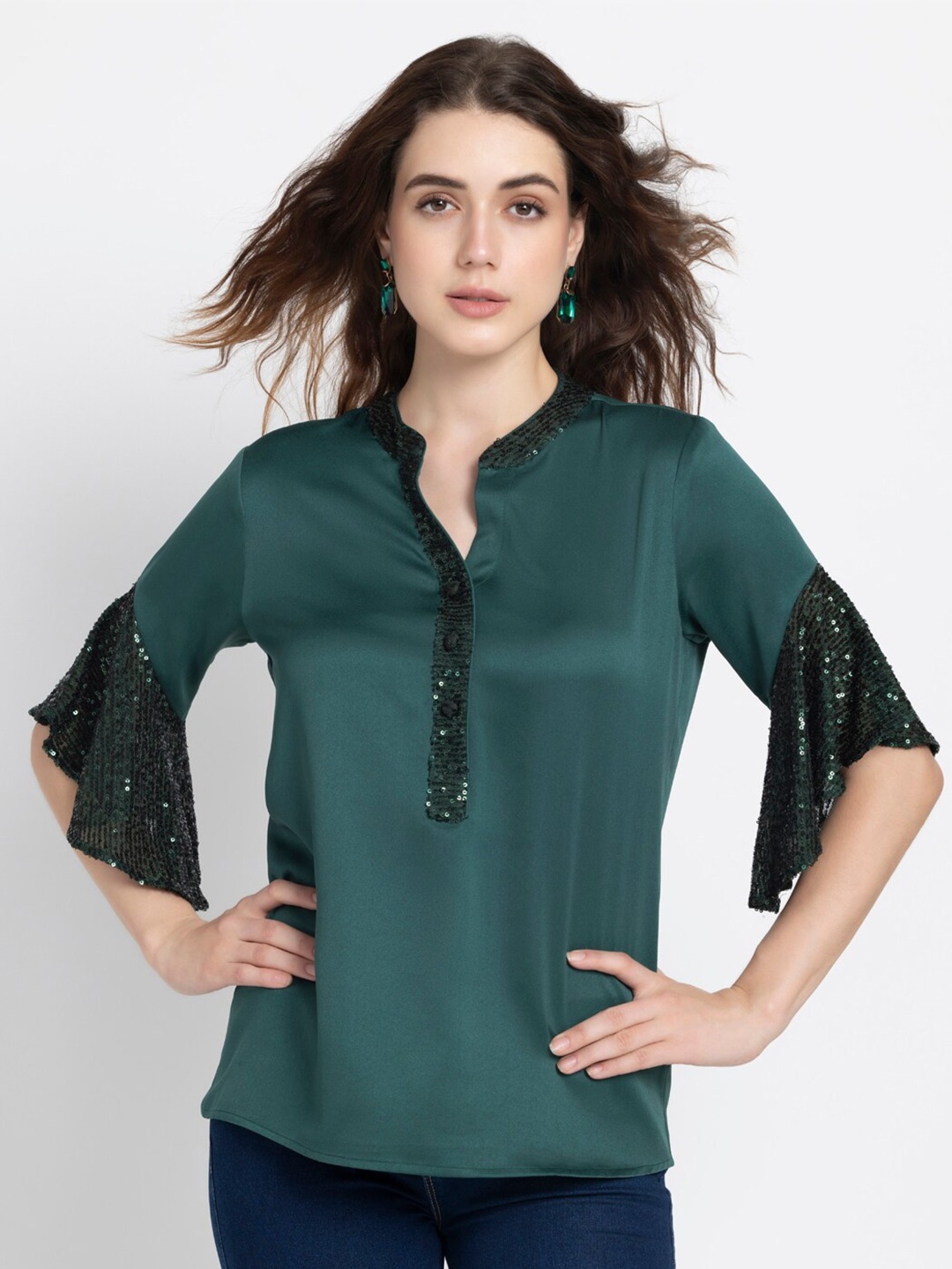 

SHAYE Mandarin Collar Bell Sleeve Sequined Satin Regular Top, Green