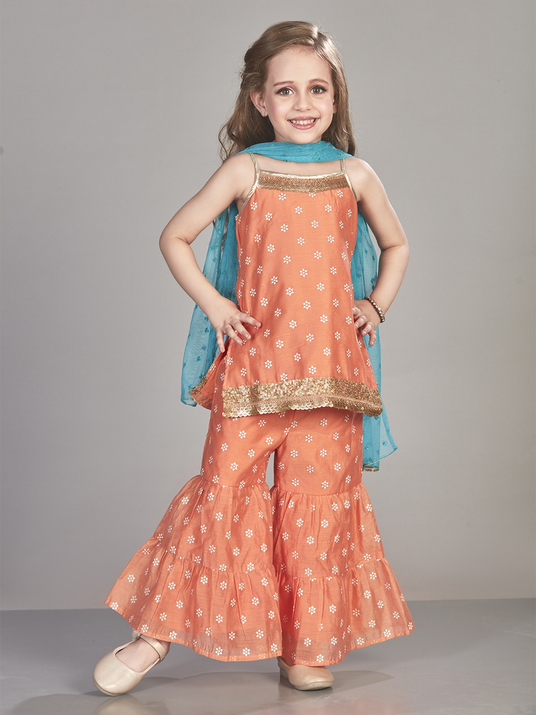 

Lil Peacock Printed Kurta With Sharara & Dupatta, Peach