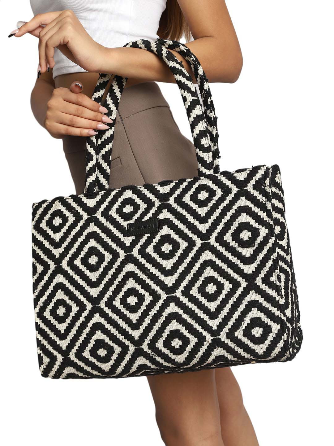 

MINI WESST Geometric Printed Oversized Tote Bag, Black