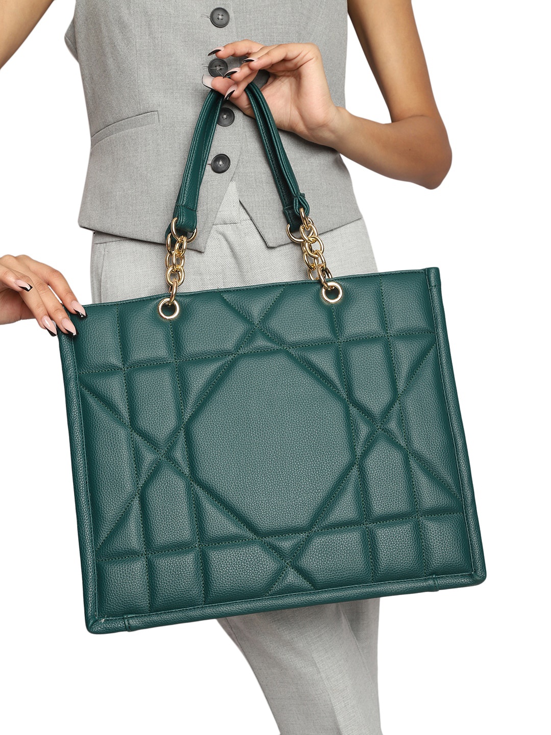 

MINI WESST Textured Structured Quilted Tote Bag, Green