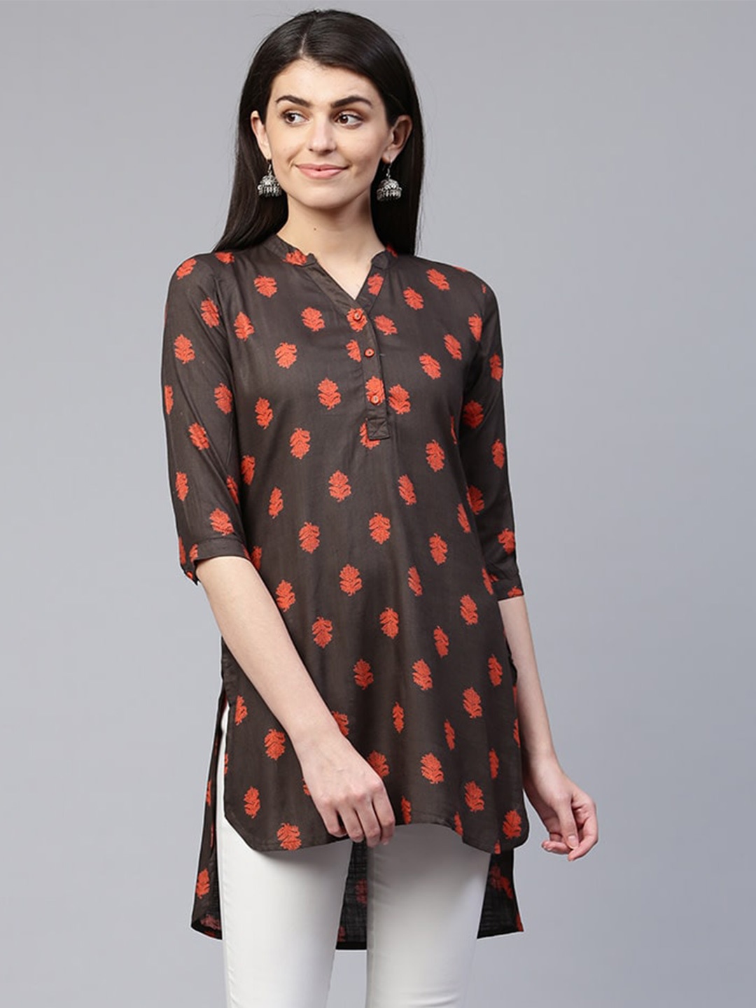 

RANGMAYEE Motifs Printed Liva High Low Kurti, Grey