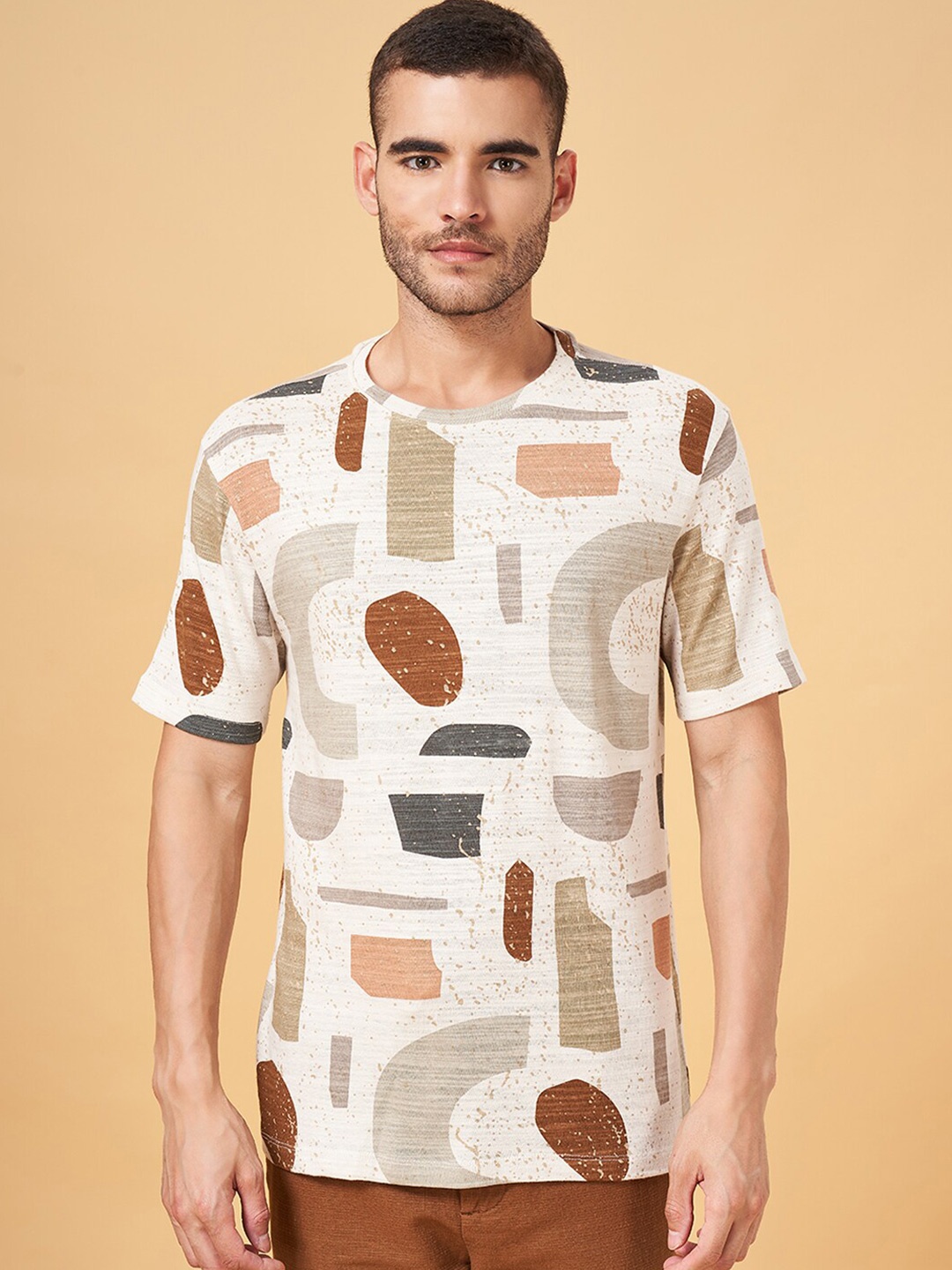 

7 Alt by Pantaloons Geometric Printed Round Neck Short Sleeves Cotton Relaxed Fit T-shirt, Beige