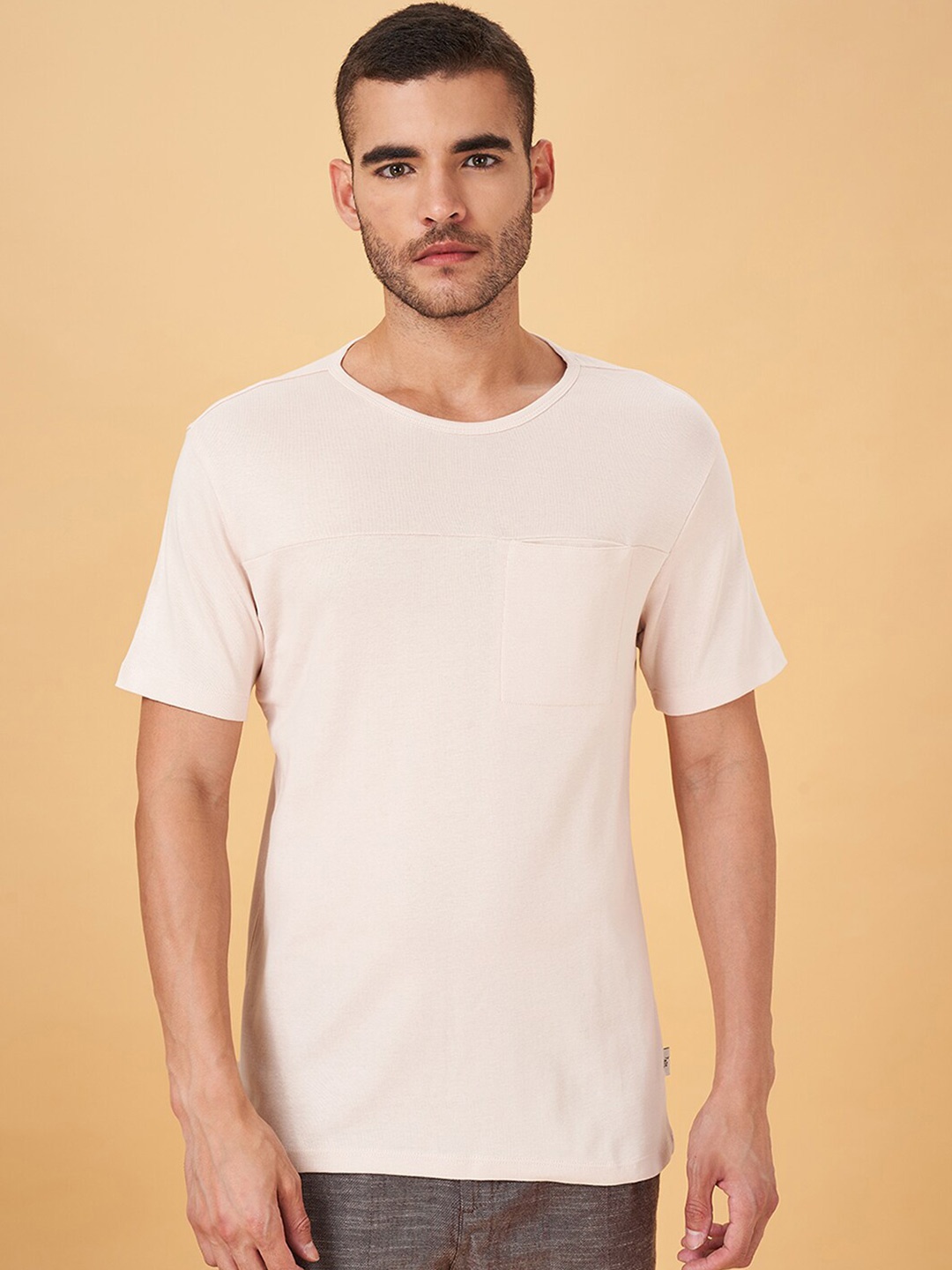

7 Alt by Pantaloons Round Neck Pockets Cotton Slim Fit T-shirt, Beige