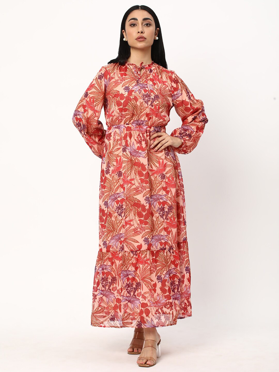 

R&B Floral Printed Tie-Up Neck Fit & Flare Maxi Dress, Peach