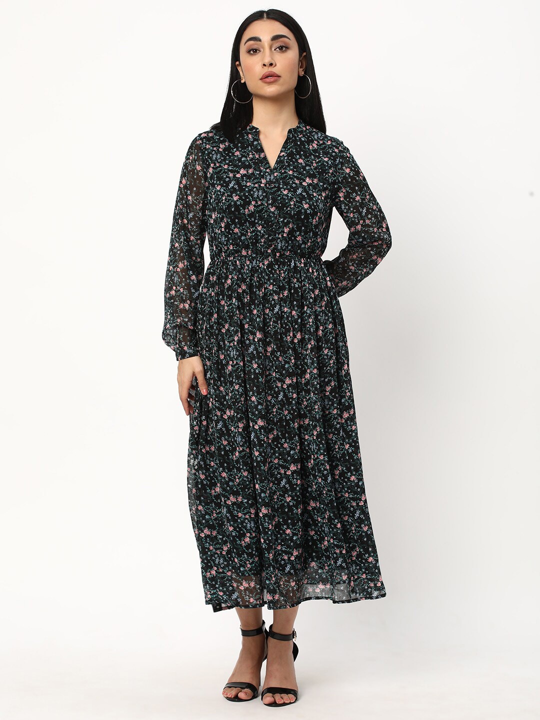 

R&B Floral Printed Mandarin Collar Fit & Flare Midi Dress, Black