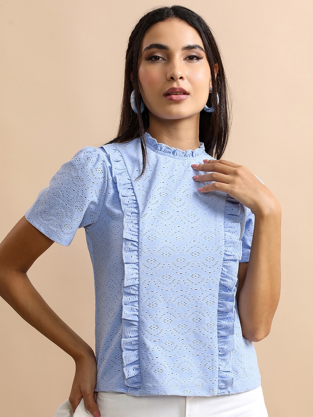 

KETCH Self Design Round Neck Ruffles Top, Blue
