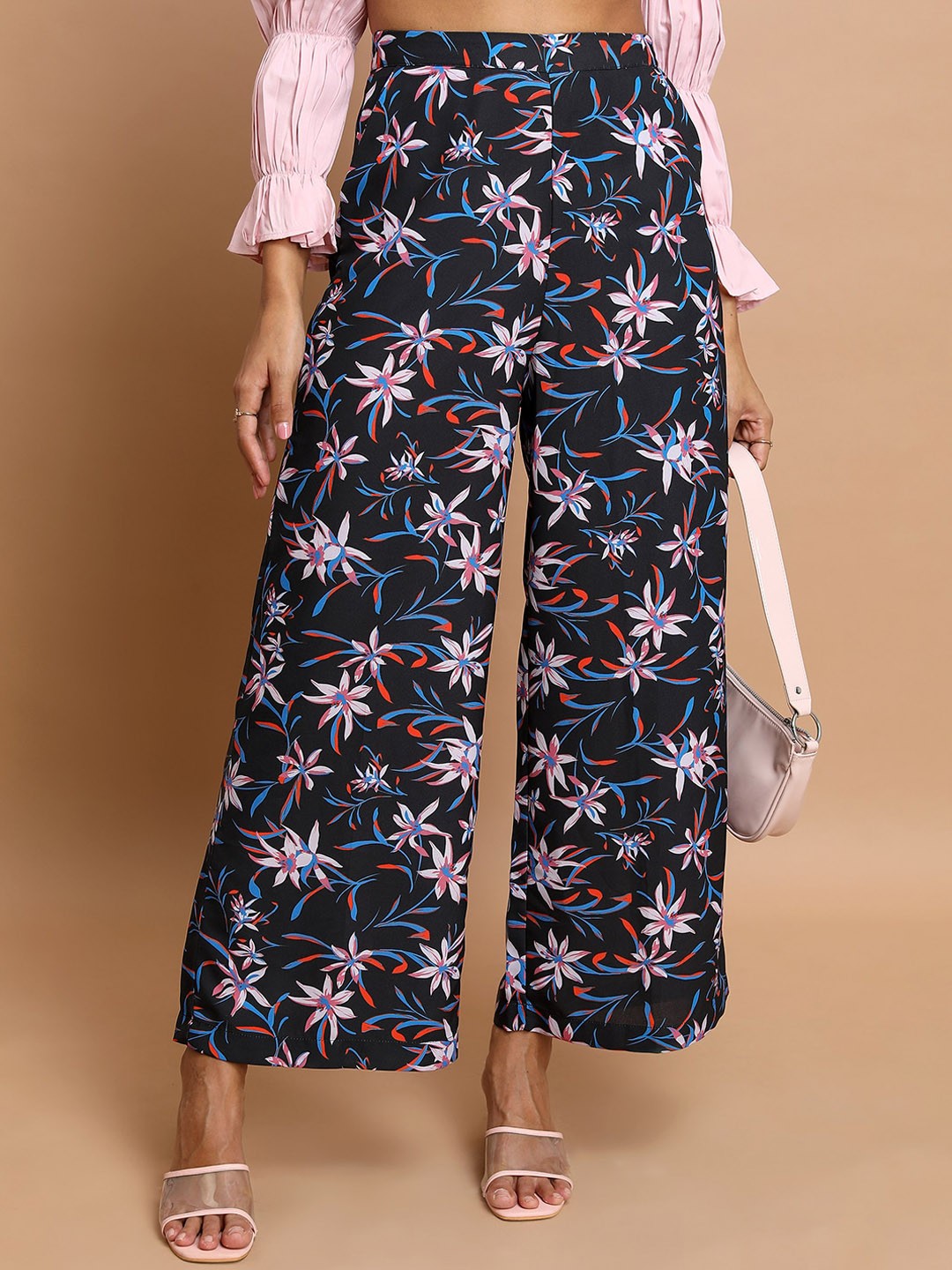 

KETCH Women Floral Printed Mid-Rise Flared Parallel Trousers, Black