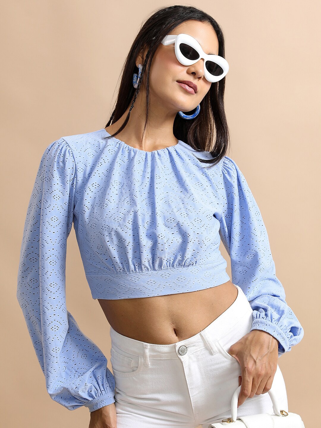 

KETCH Self Design Round Neck Crop Top, Blue