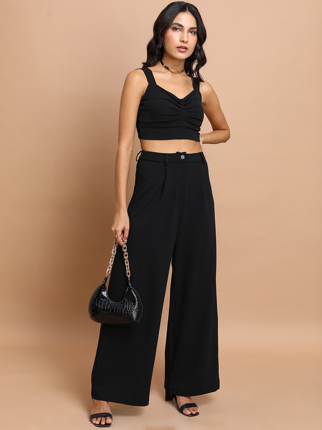 

KETCH Knitted Crop Top And High Waisted Pleated Wide Leg Trousers, Black