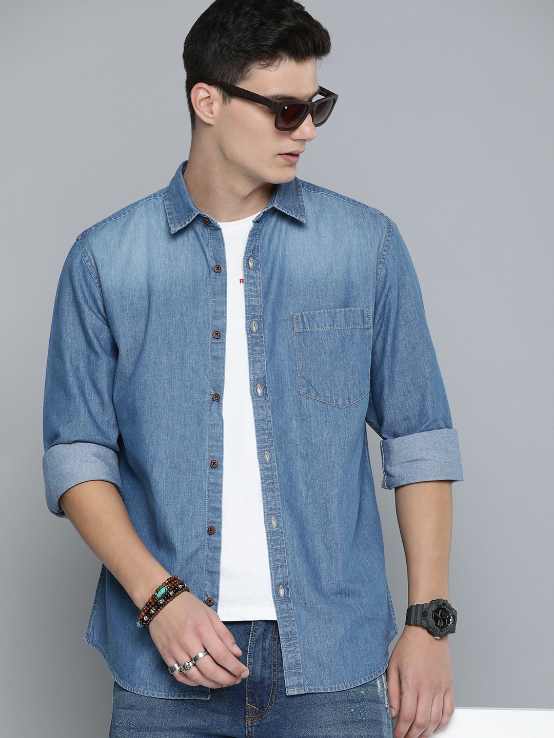 

R.Code by The Roadster Life Co. Denim Pure Cotton Casual Shirt, Blue