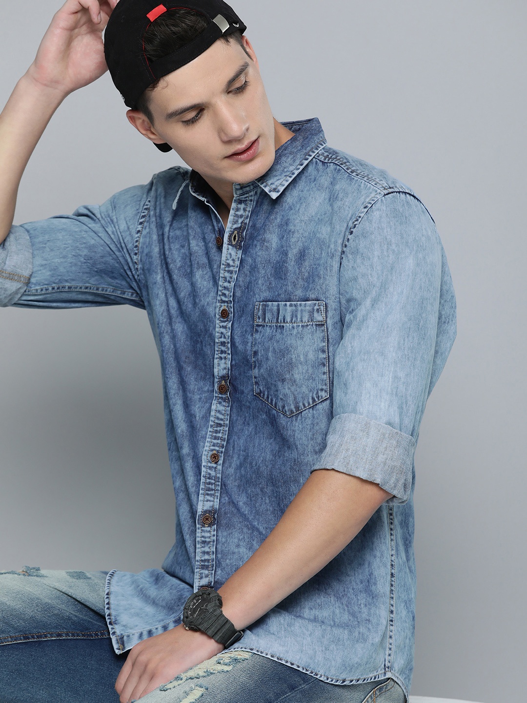 

R.Code by The Roadster Life Co. Denim Pure Cotton Casual Shirt, Blue