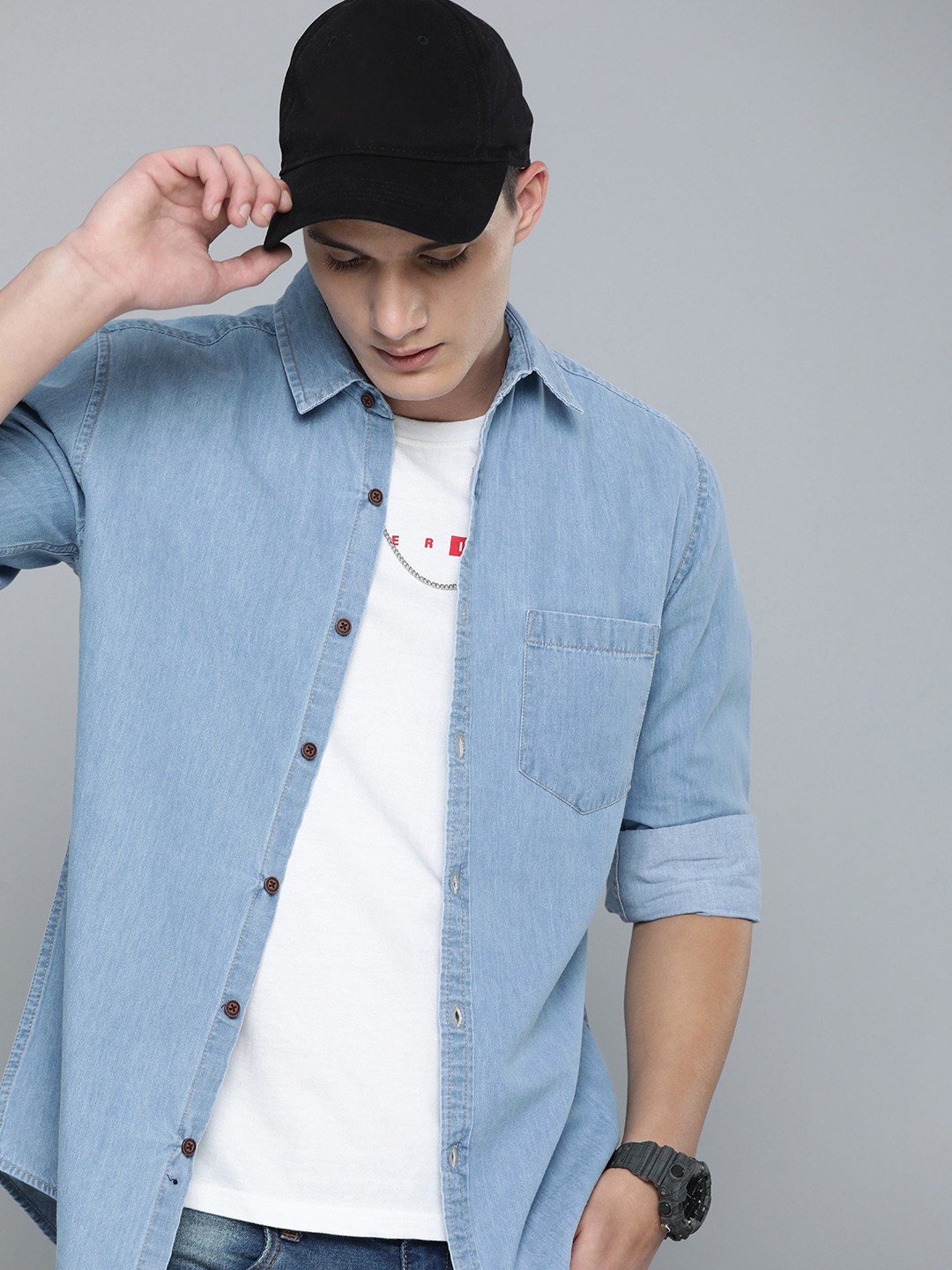 

R.Code by The Roadster Life Co. Chambray Pure Cotton Casual Shirt, Blue
