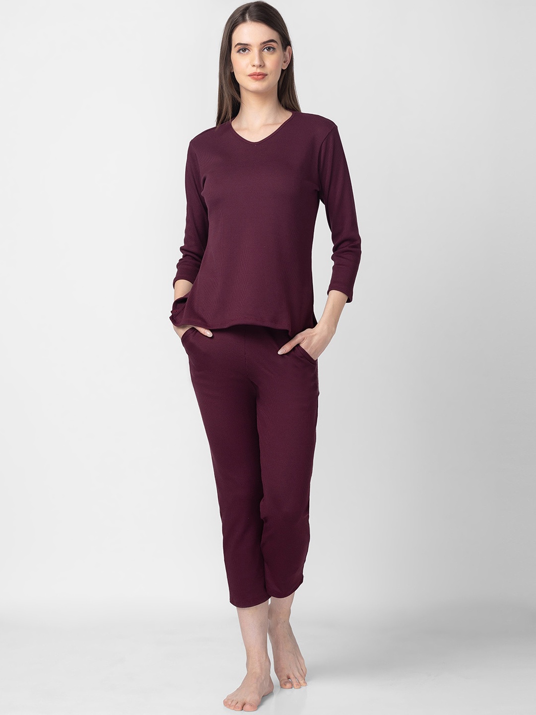 

Candyskin V-Neck Pure Cotton Night suit, Burgundy