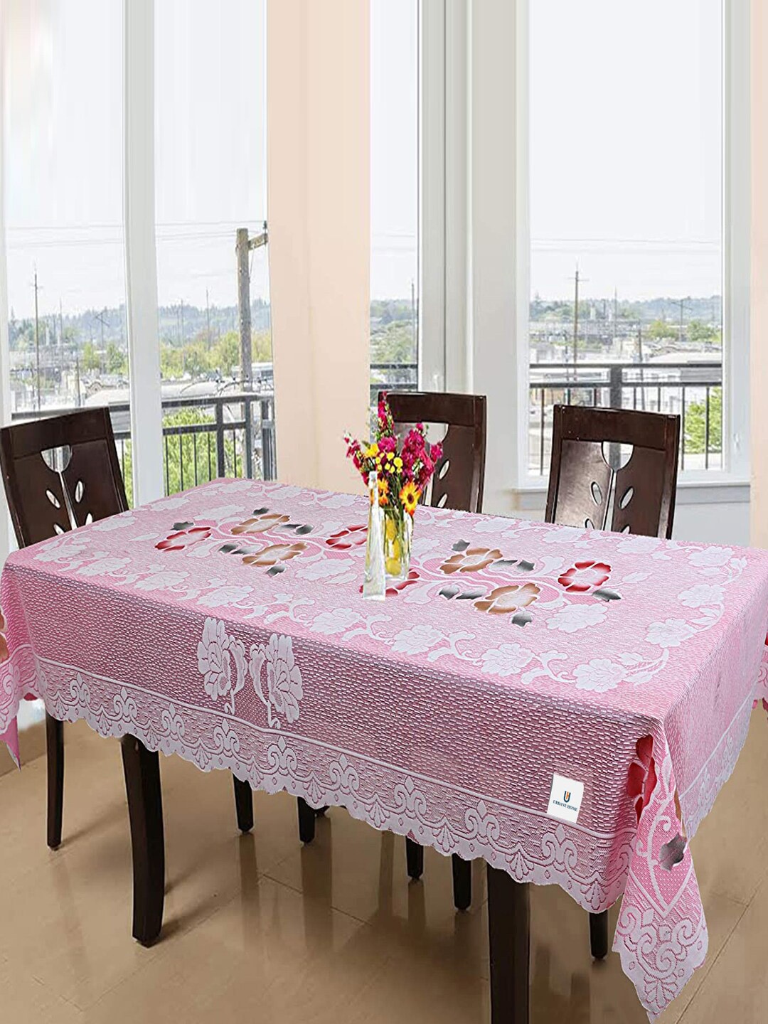 

Kuber Industries Pink & White Self-Design Cotton 6-Seater Rectangular Table Cover