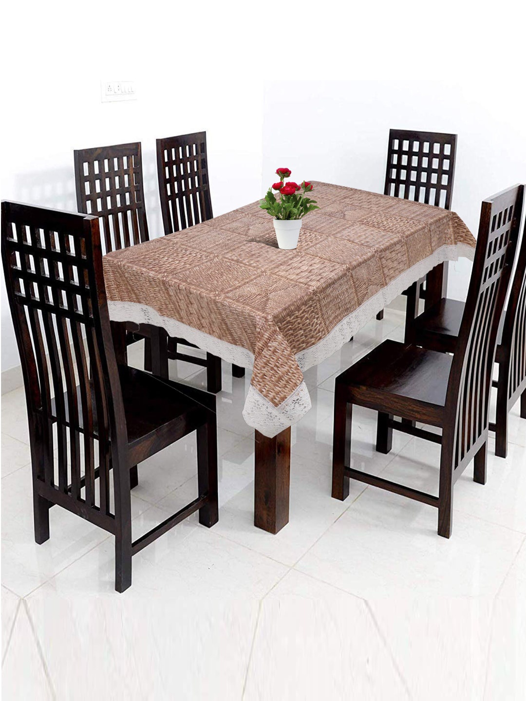 

Kuber Industries Brown & White Self-Design 6-Seater Rectangular Table Cover