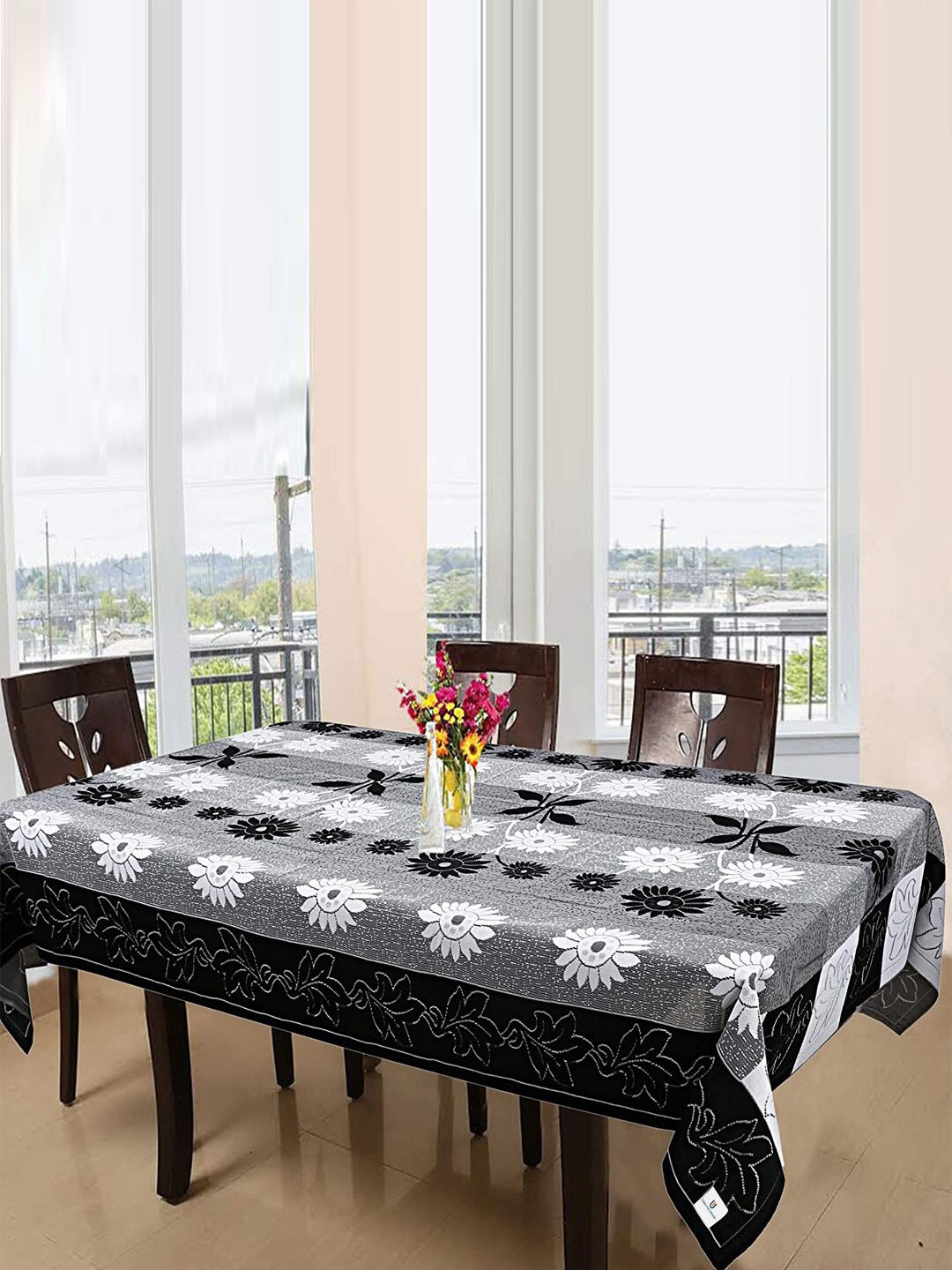 

Kuber Industries Black & White Self-Design Cotton 6-Seater Rectangular Table Cover