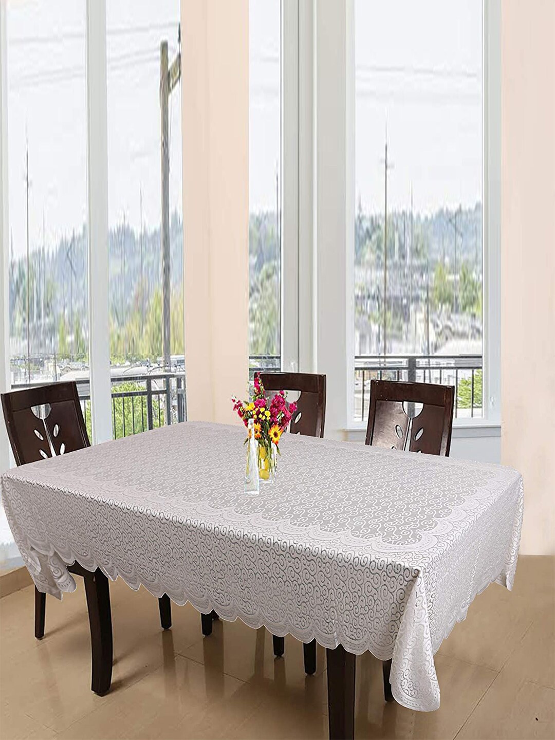 

Kuber Industries White Self-Design Cotton 6-Seater Rectangular Table Cover