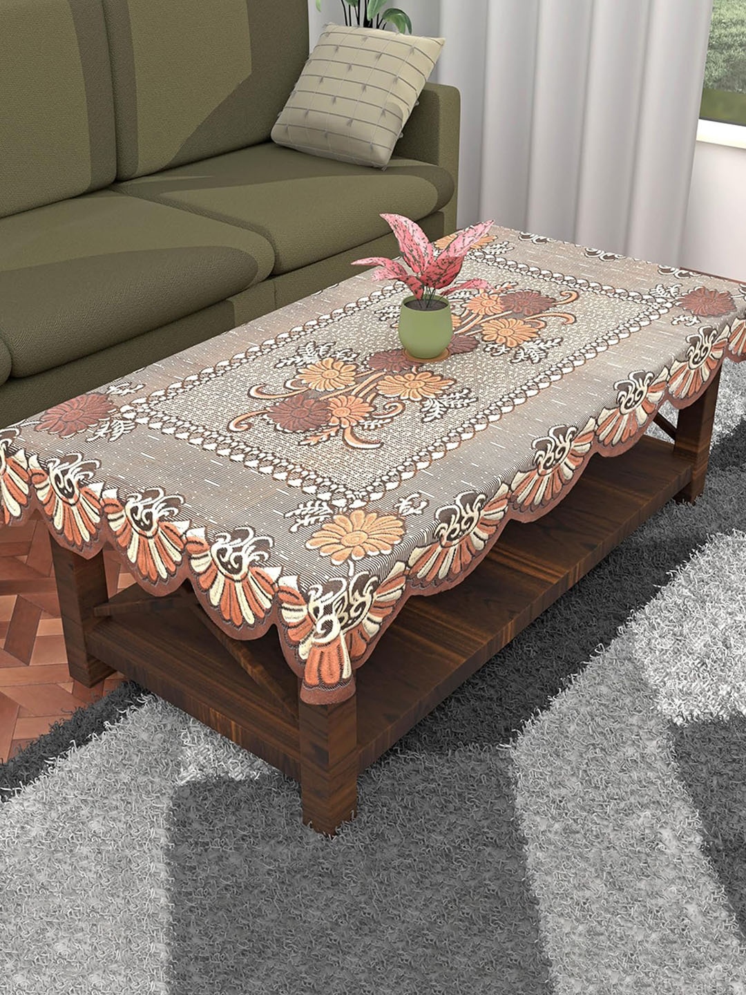 

Kuber Industries Brown & White Self-Design Cotton 4-Seater Rectangular Table Cover