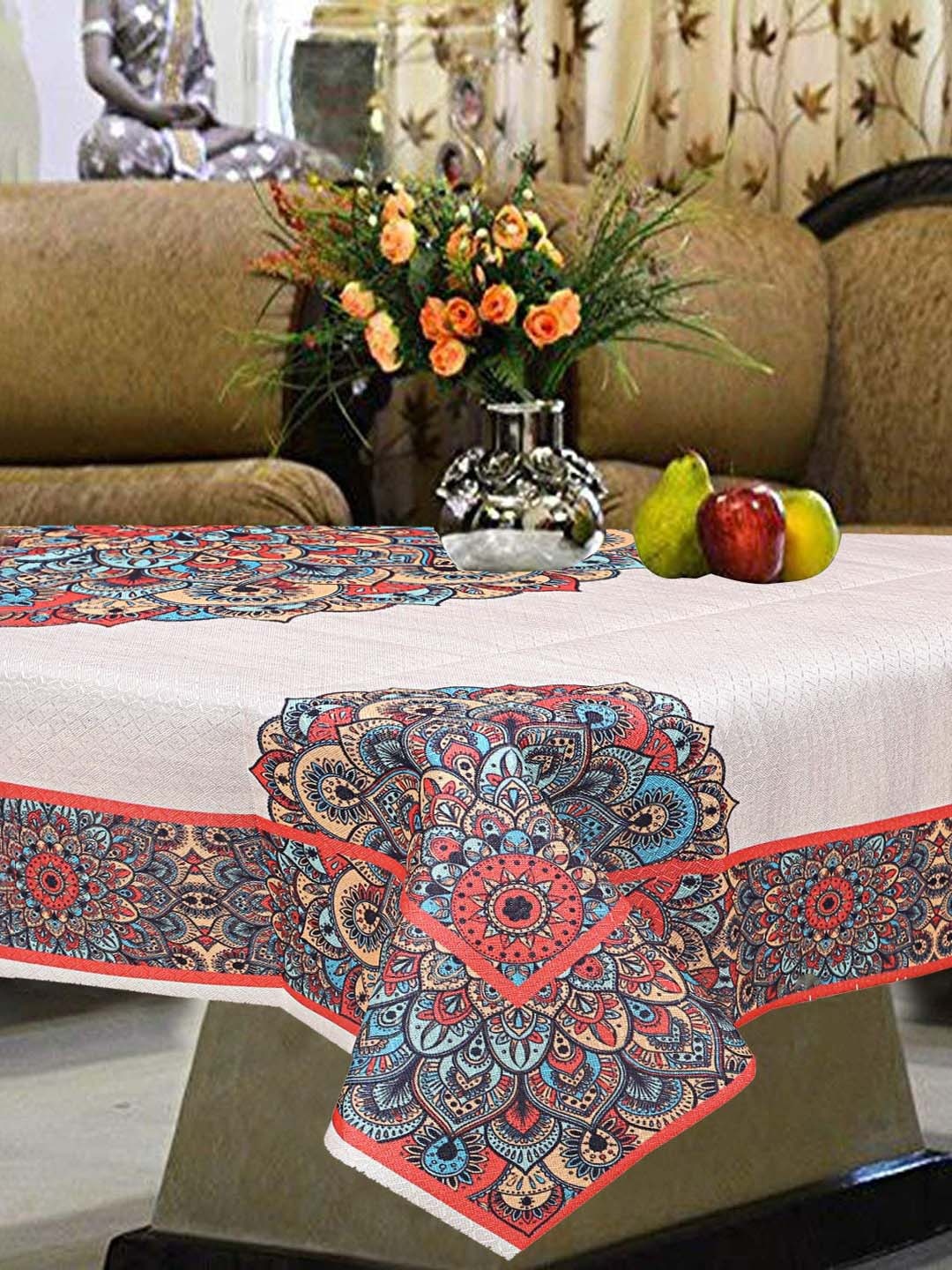 

Kuber Industries Cream & Red Printed Cotton 4-Seater Rectangular Table Cover