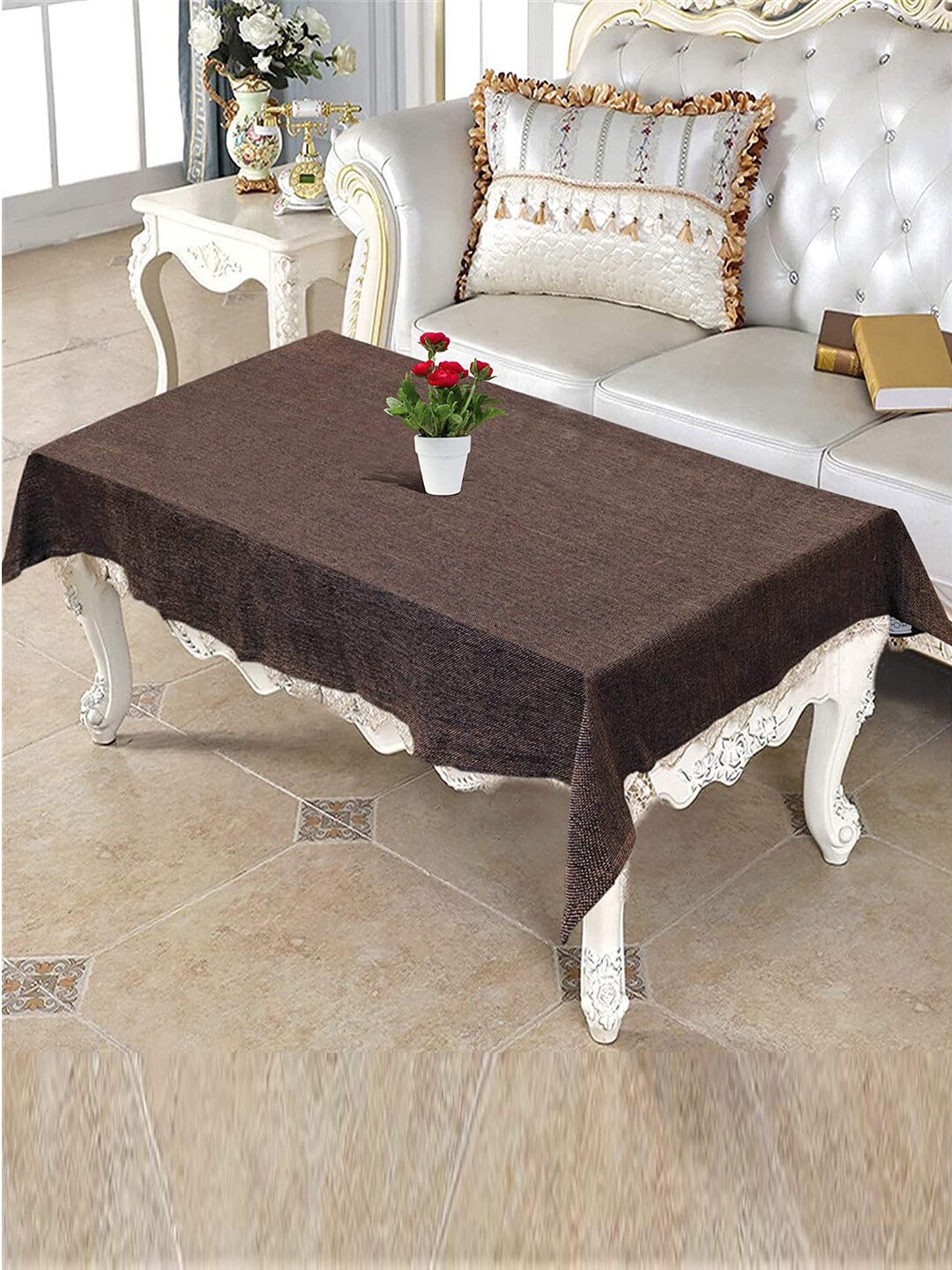 

Kuber Industries Brown Self-Design Cotton 4-Seater Rectangular Table Cover