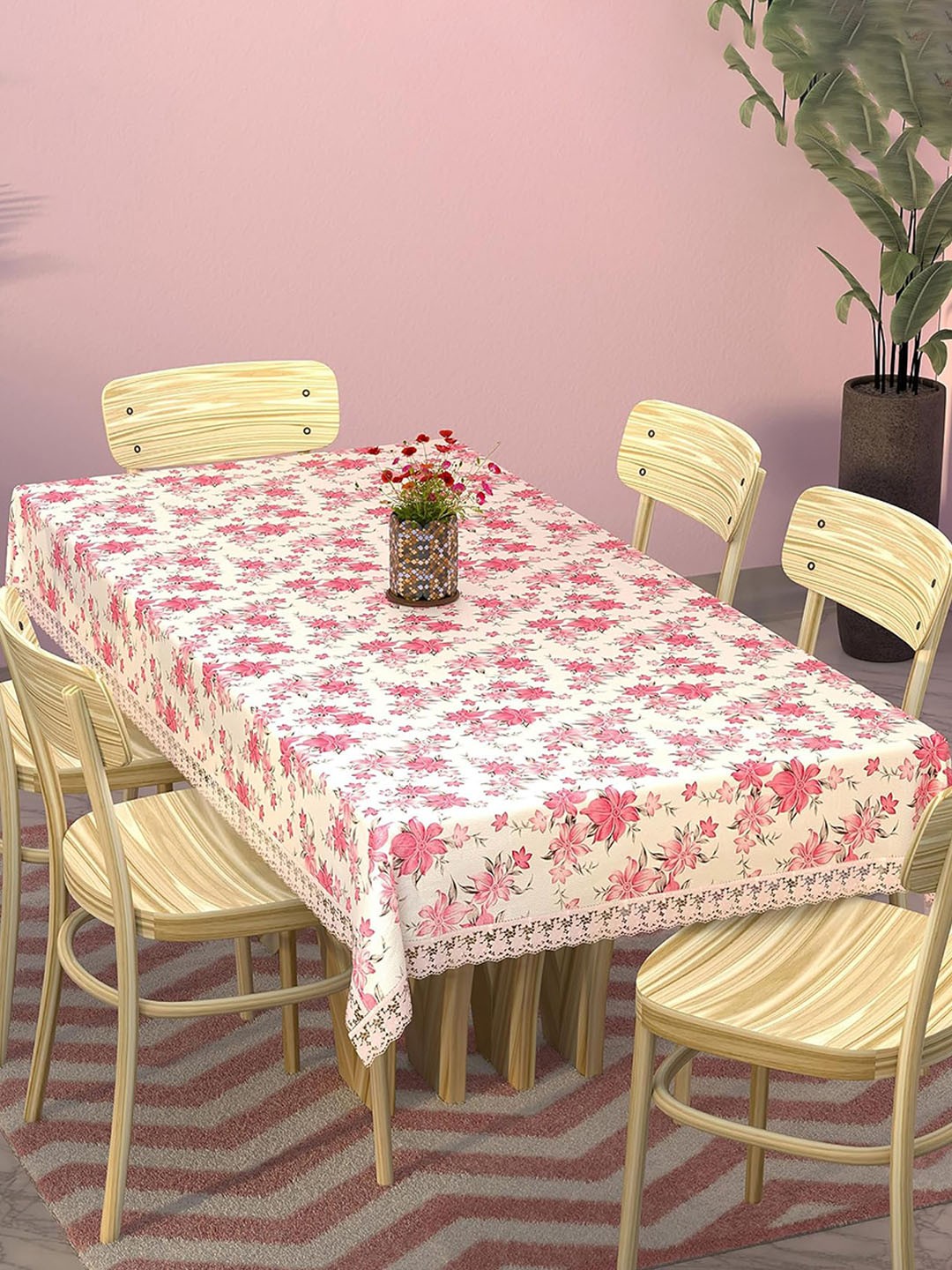 

Kuber Industries Pink & White Printed 6-Seater Rectangular Table Cover