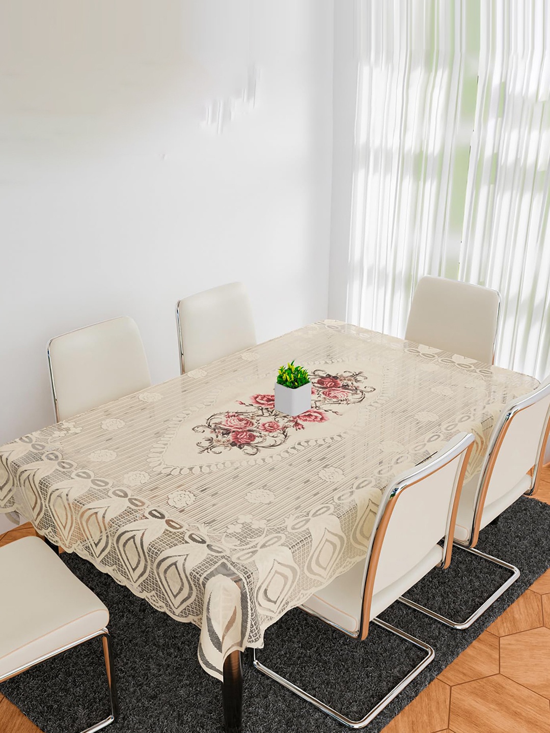 

Kuber Industries Cream & Pink Self-Design Cotton 6-Seater Rectangular Table Cover