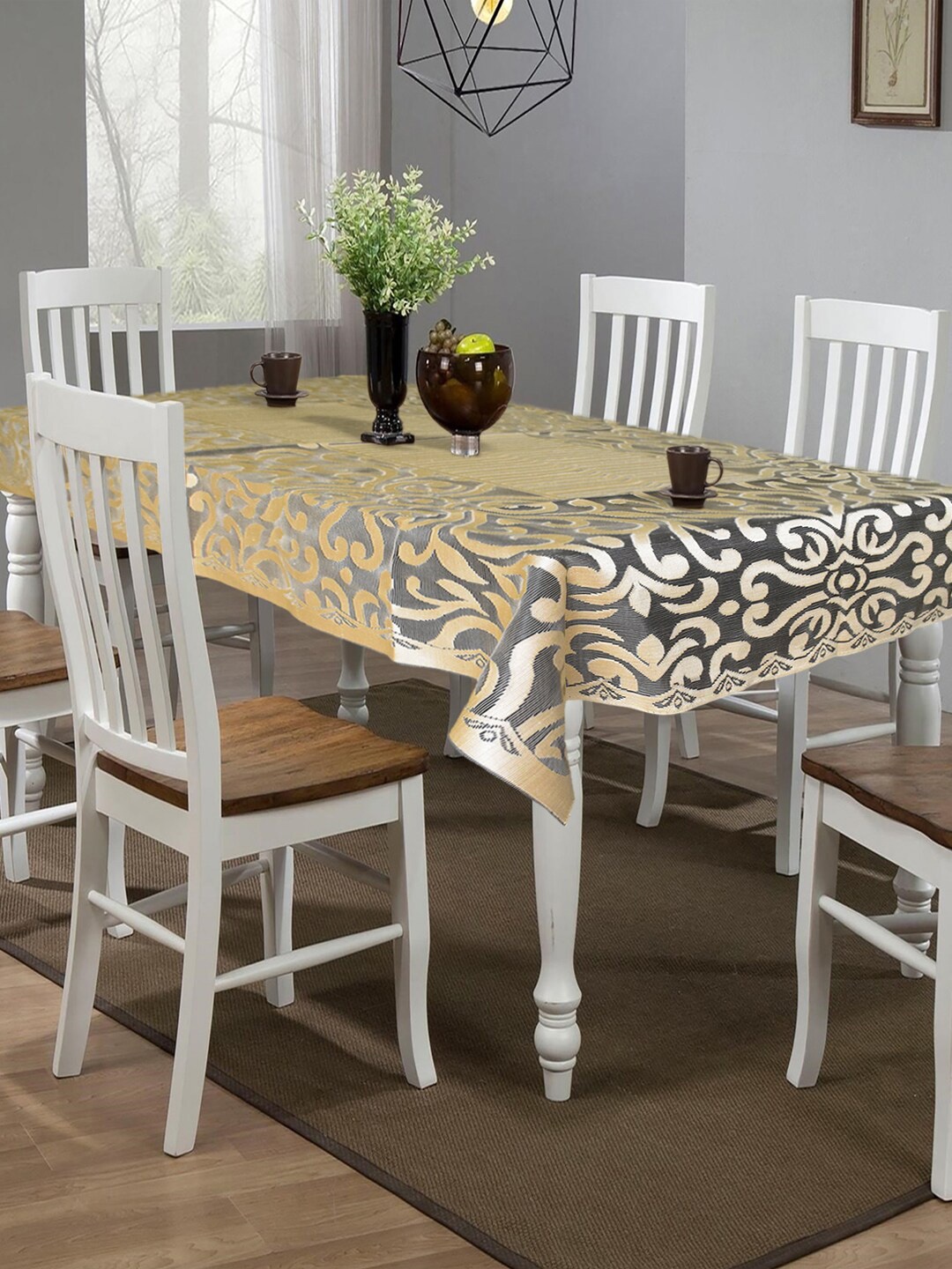 

Kuber Industries Golden Self-Design 6-Seater Cotton Rectangular Table Cover, Gold