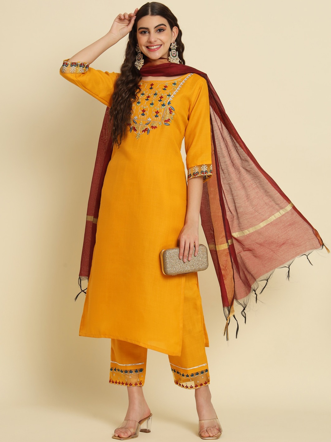 

KALINI Floral Yoke Design Regular Thread Work Kurta with Trousers & Dupatta, Yellow