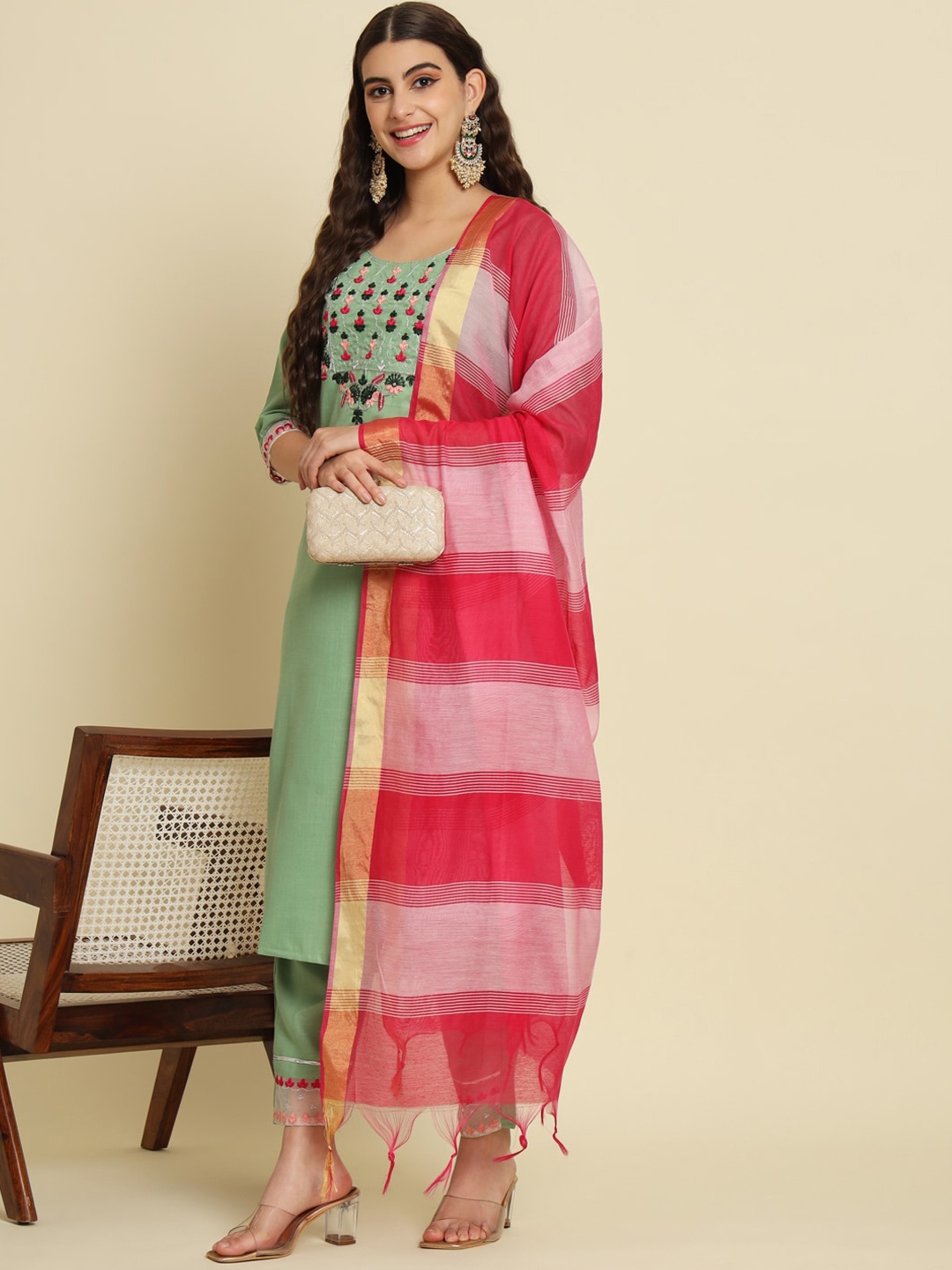 KALINI Floral Yoke Design Thread Work Kurta with Trousers & Dupatta, Green