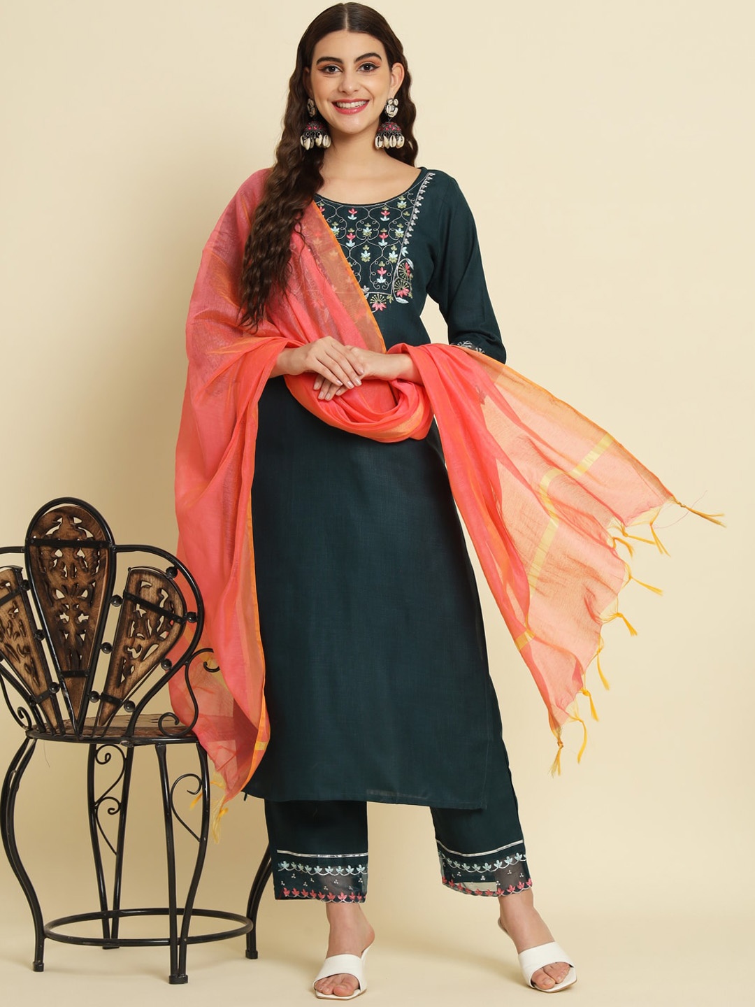 

KALINI Floral Yoke Design Thread Work Kurta with Trousers & Dupatta, Teal