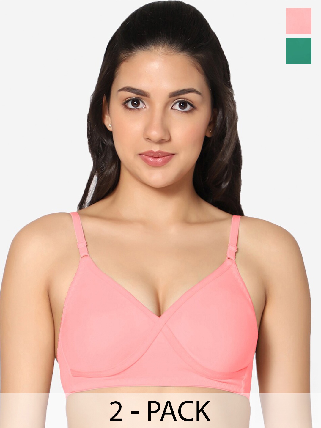 

In Care Pack Of 2 Full Coverage Non Padded Pure Cotton T-shirt Bra With All Day Comfort, Green